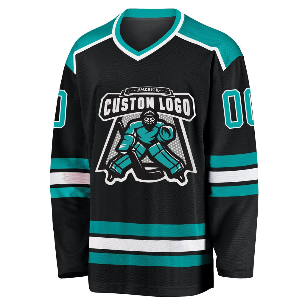 Custom Black Aqua-White Hockey Jersey photo 2