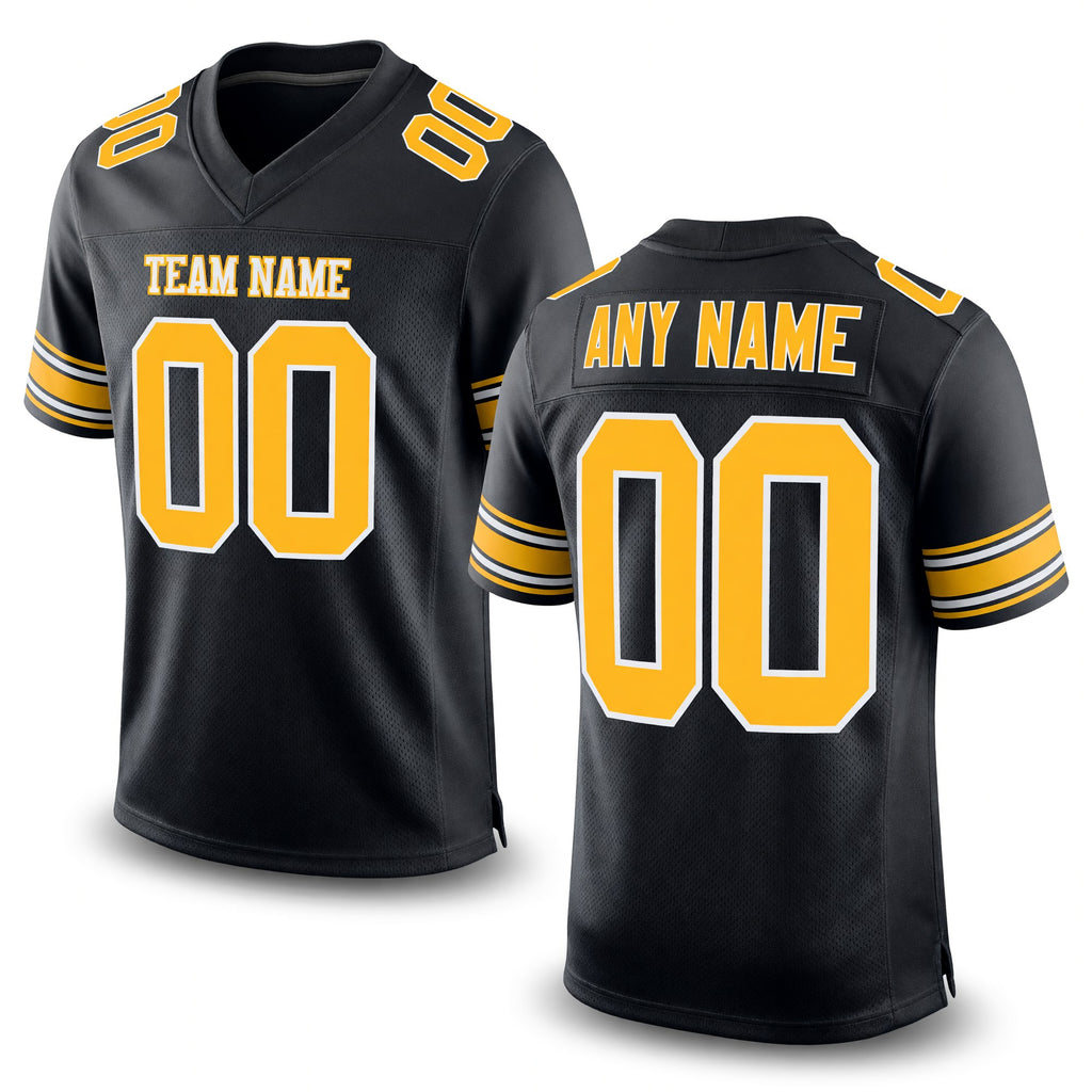 Custom Black Gold-White Mesh Authentic Football Jersey