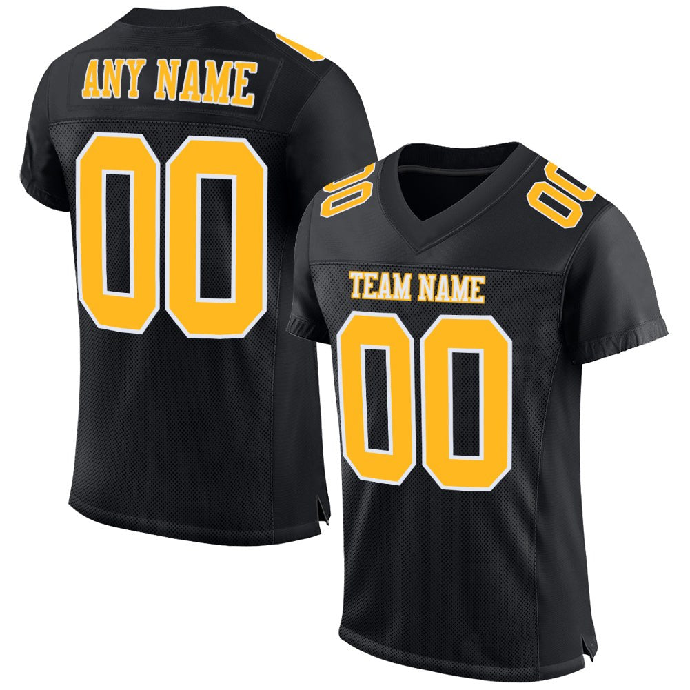 Custom Black Gold-White Mesh Authentic Football Jersey photo 1