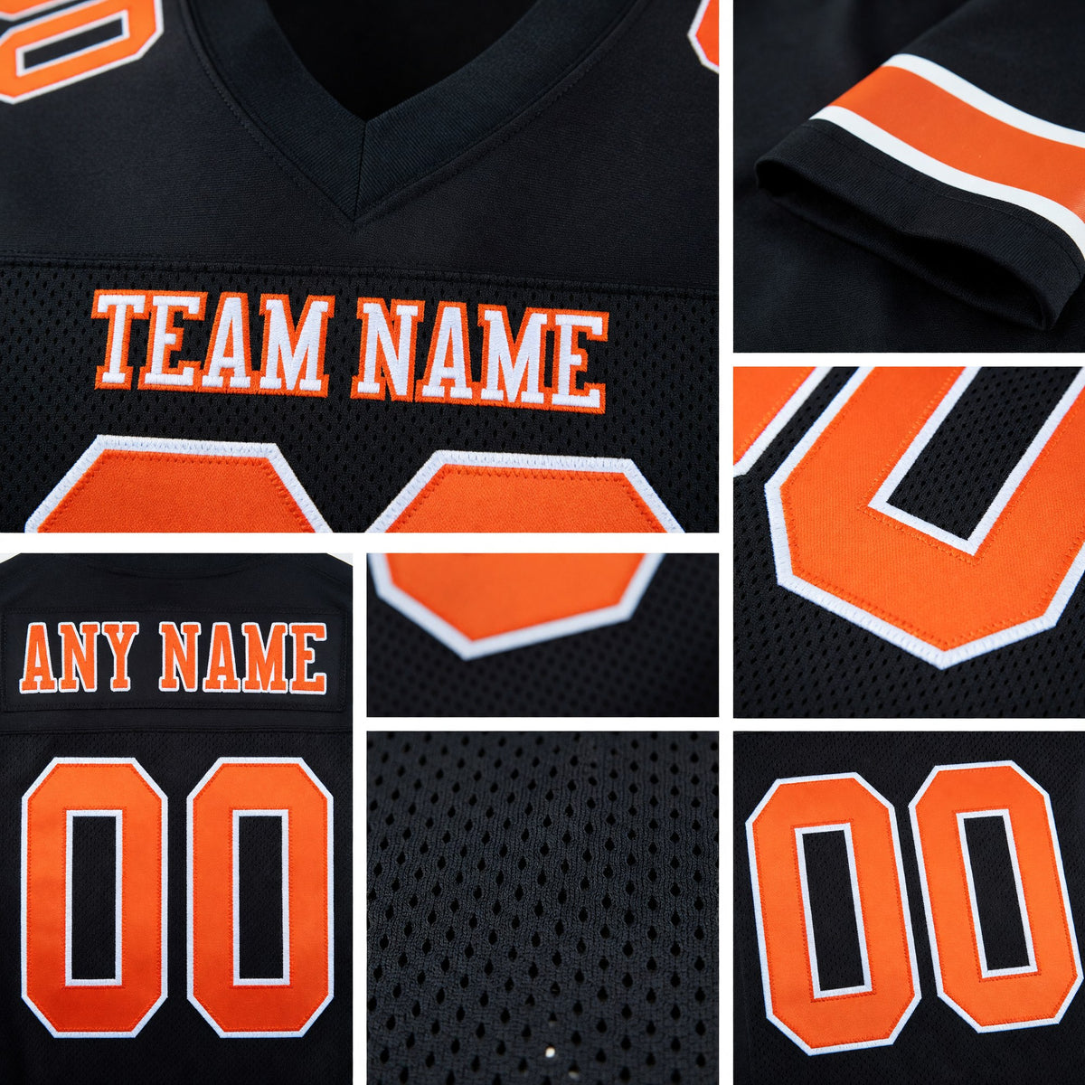 Custom Black Orange-White Mesh Authentic Football Jersey detail