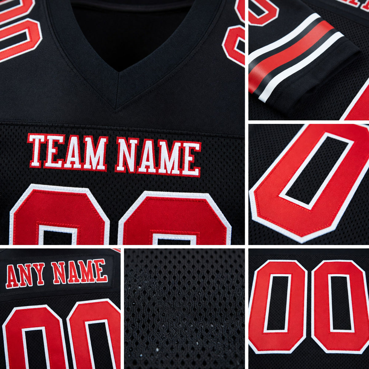 Custom Black Fire Red-White Mesh Authentic Football Jersey detail
