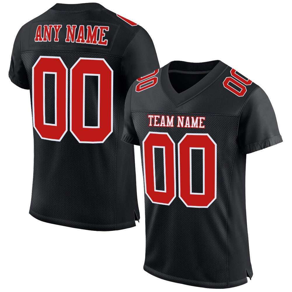 Custom Black Fire Red-White Mesh Authentic Football Jersey photo 1