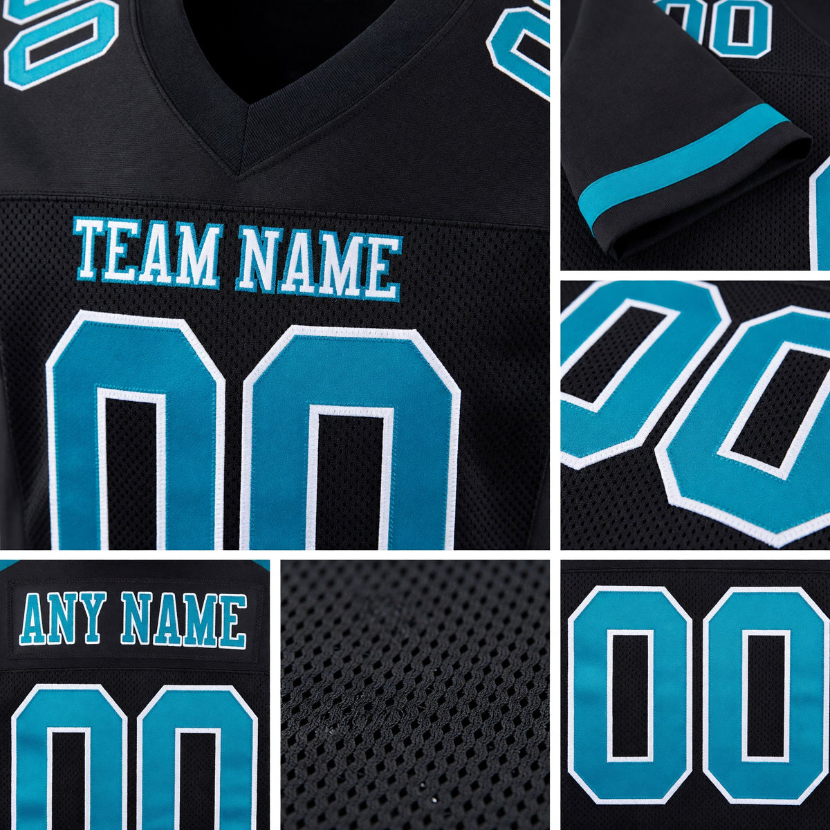 Custom Black Teal-White Mesh Authentic Football Jersey detail