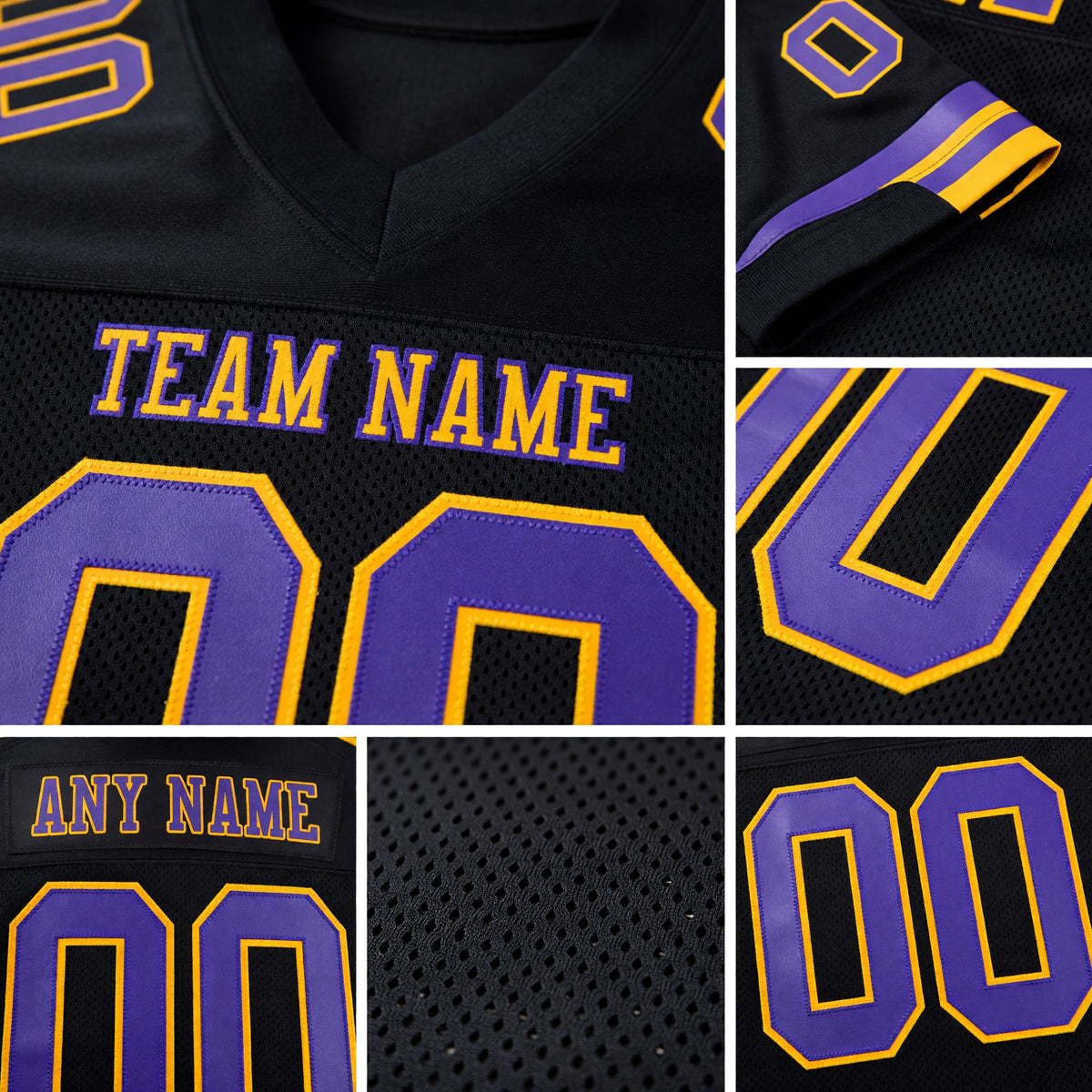 Custom Black Purple-Gold Mesh Authentic Football Jersey detail