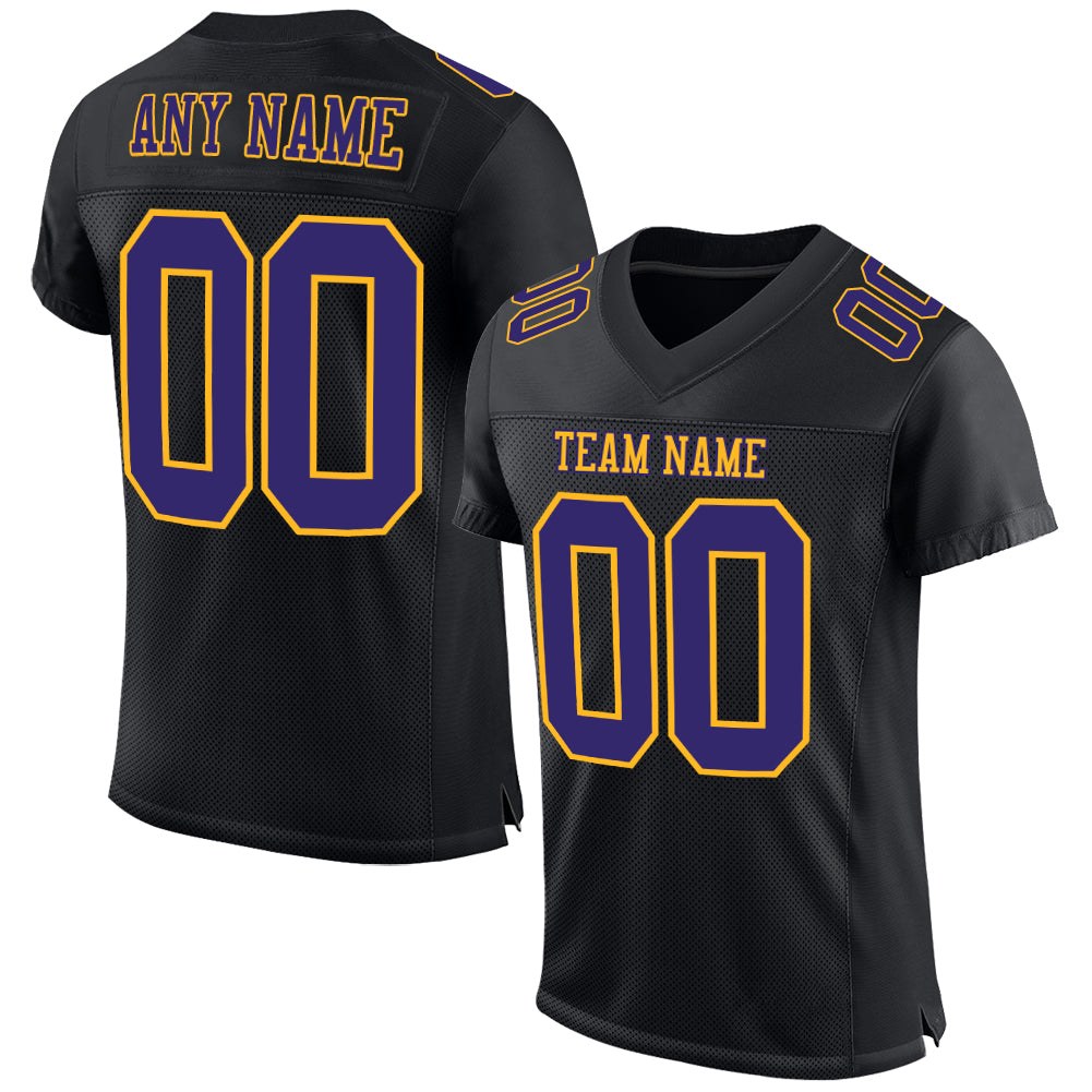 Custom Black Purple-Gold Mesh Authentic Football Jersey photo 1