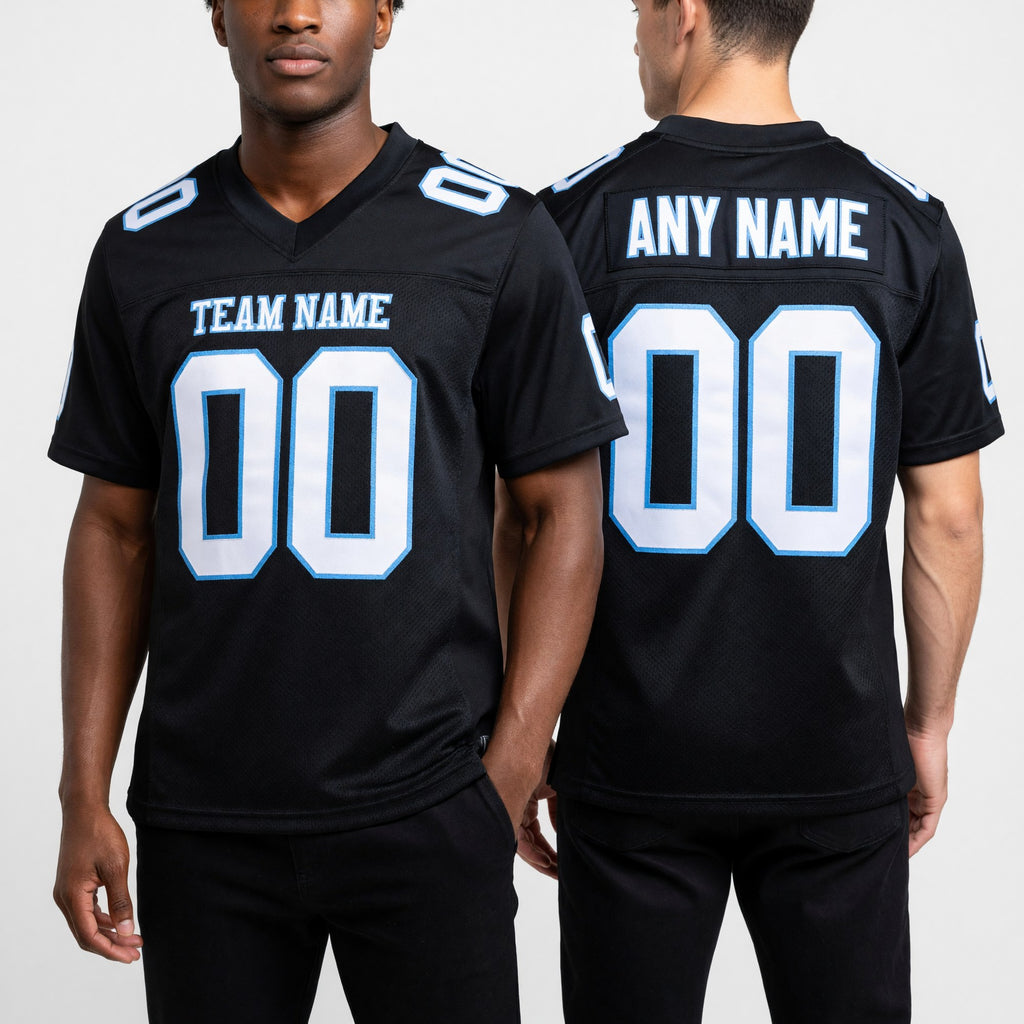 Custom Black White-Light Blue Mesh Authentic Football Jersey worn front and back