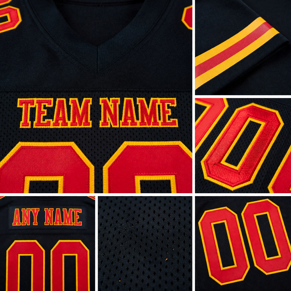 Custom Black Red-Gold Mesh Authentic Football Jersey detail