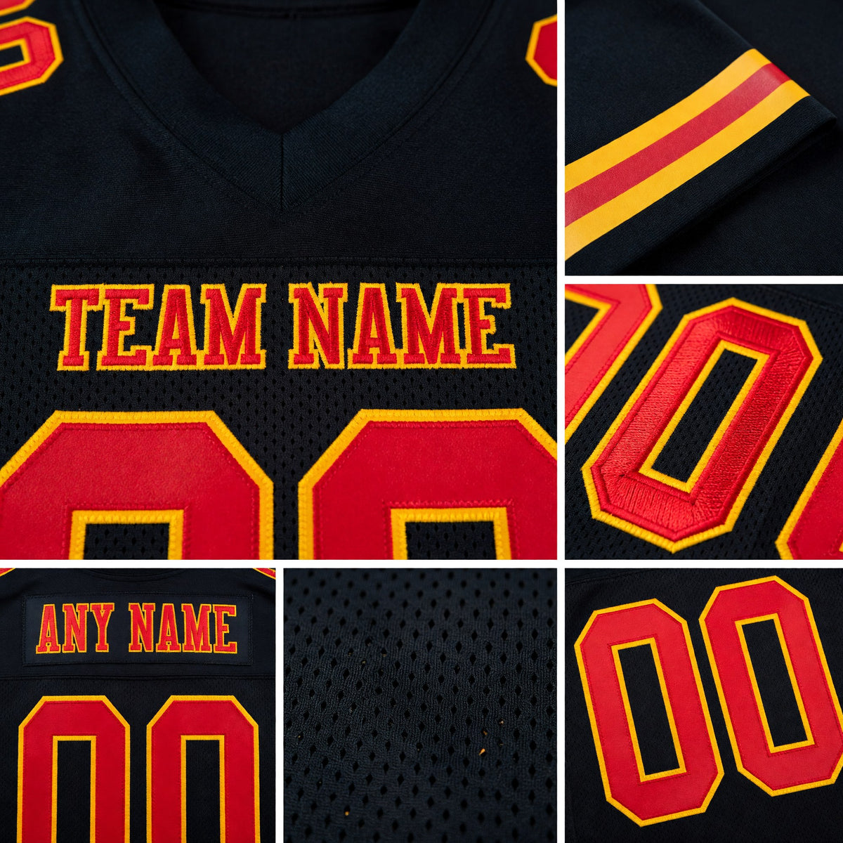 Custom Black Red-Gold Mesh Authentic Football Jersey detail