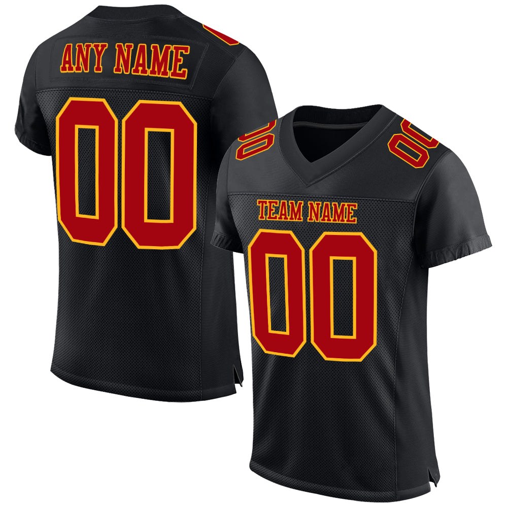 Custom Black Red-Gold Mesh Authentic Football Jersey photo 1
