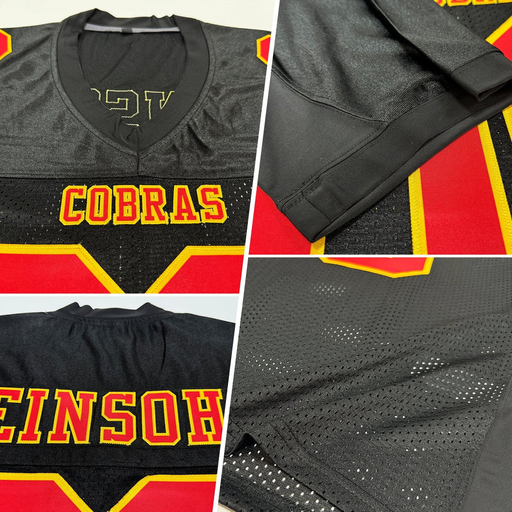 Custom Black Red-Gold Mesh Authentic Football Jersey photo 2