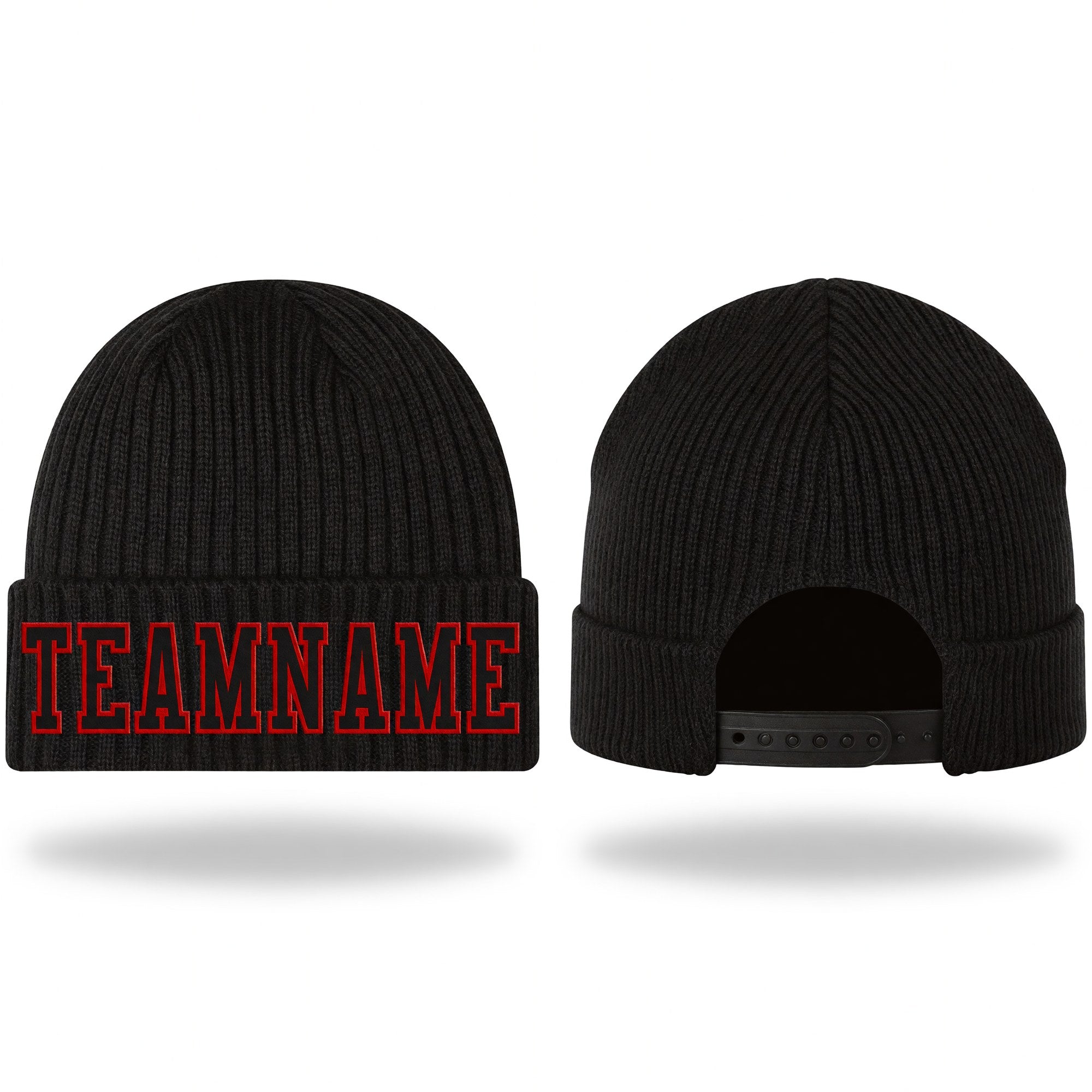 Custom Black Black-Red Stitched Cuffed Knit Hat