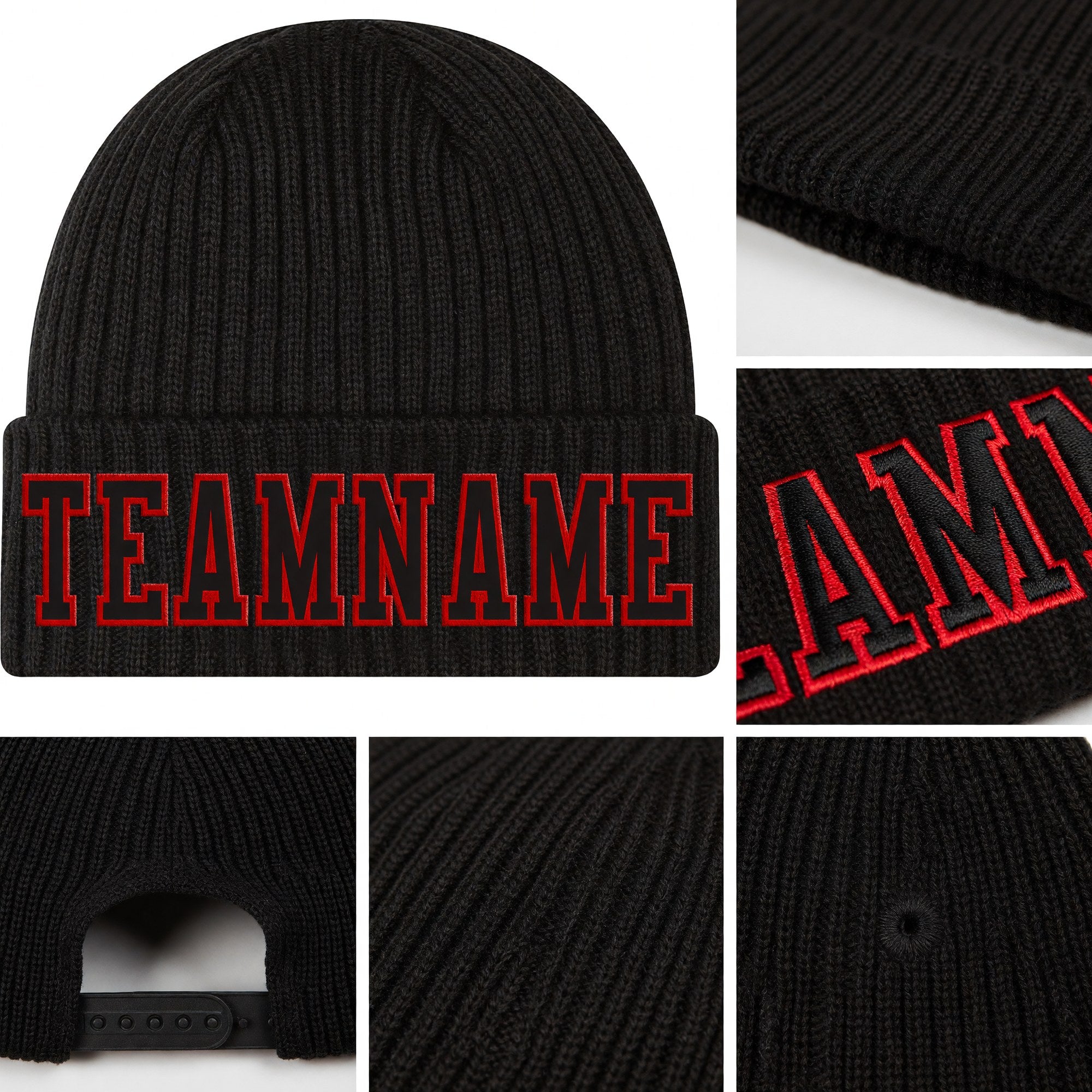 Custom Black Black-Red Stitched Cuffed Knit Hat detail