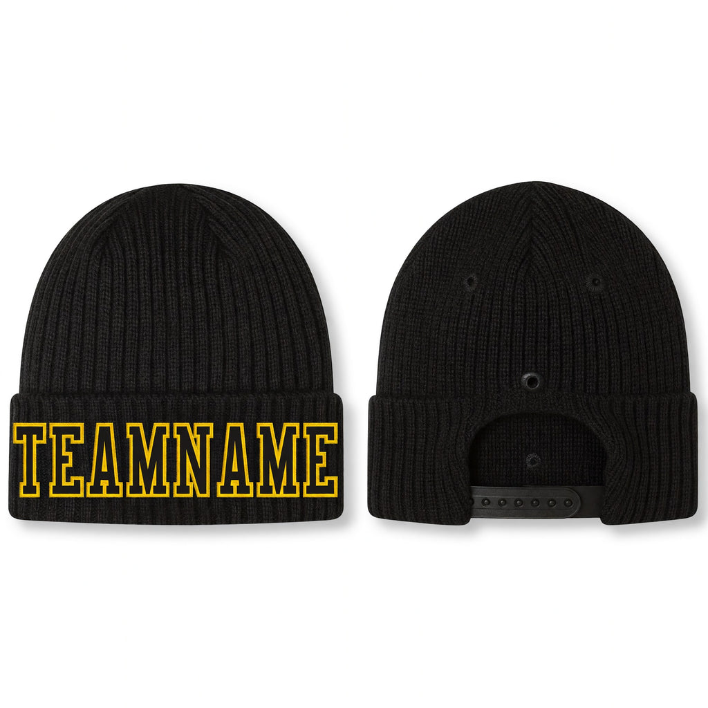 Custom Black Black-Gold Stitched Cuffed Knit Hat