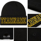 Custom Black Black-Gold Stitched Cuffed Knit Hat detail