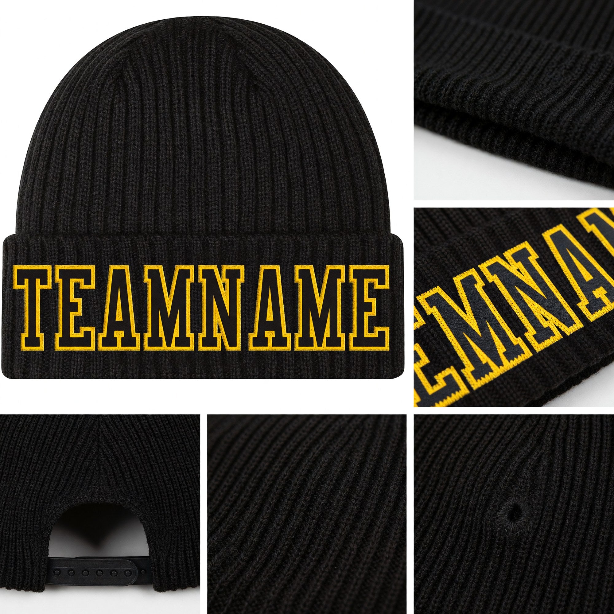 Custom Black Black-Gold Stitched Cuffed Knit Hat detail