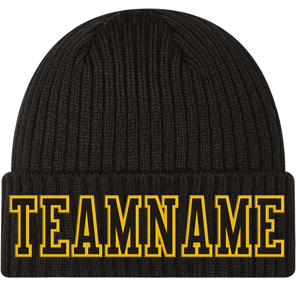 Custom Black Black-Gold Stitched Cuffed Knit Hat photo 1