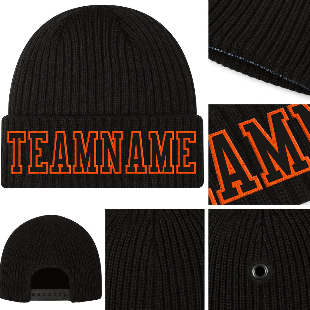 Custom Black Black-Orange Stitched Cuffed Knit Hat detail
