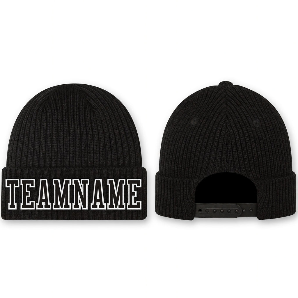 Custom Black Black-White Stitched Cuffed Knit Hat