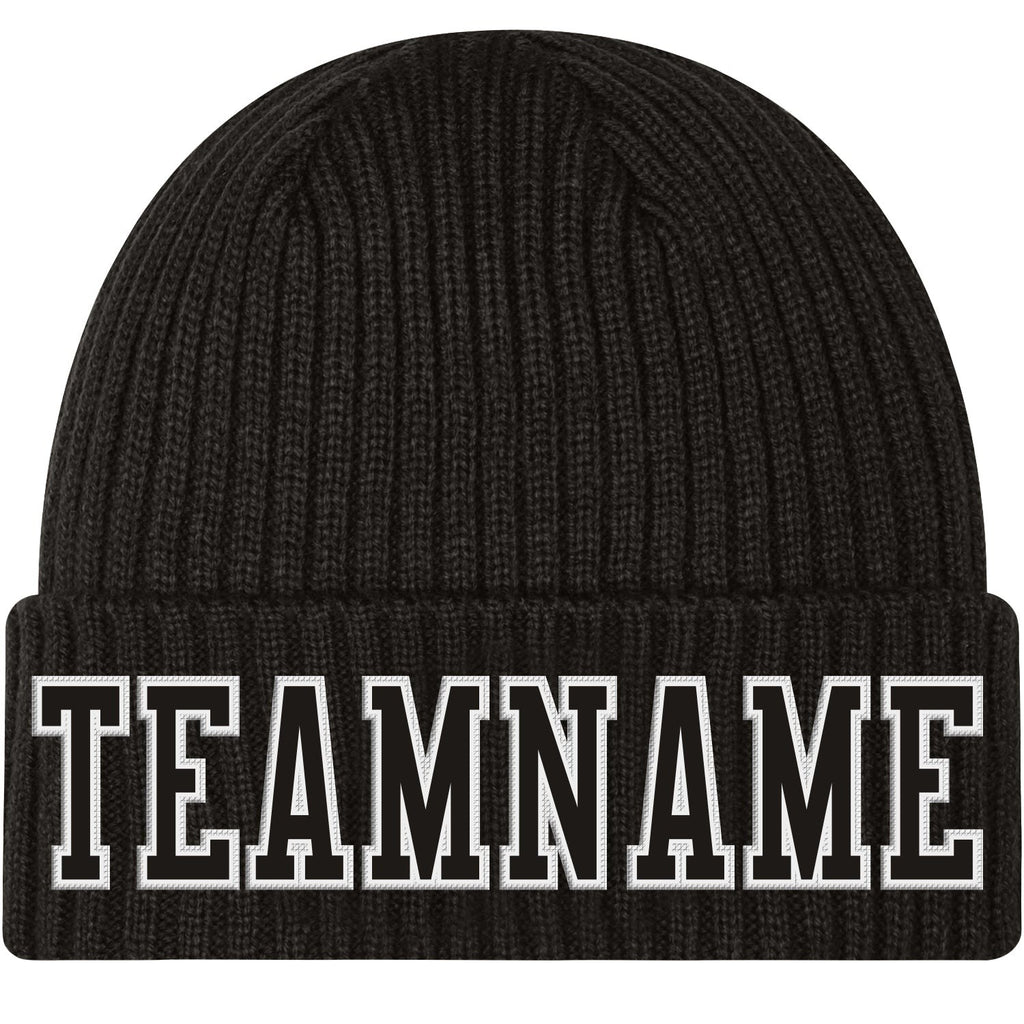 Custom Black Black-White Stitched Cuffed Knit Hat photo 1