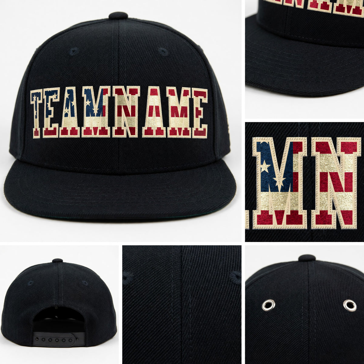 Custom Black Vintage USA Flag-Cream Stitched Cuffed Knit Hat detail