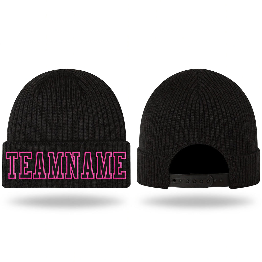 Custom Black Black-Pink Stitched Cuffed Knit Hat