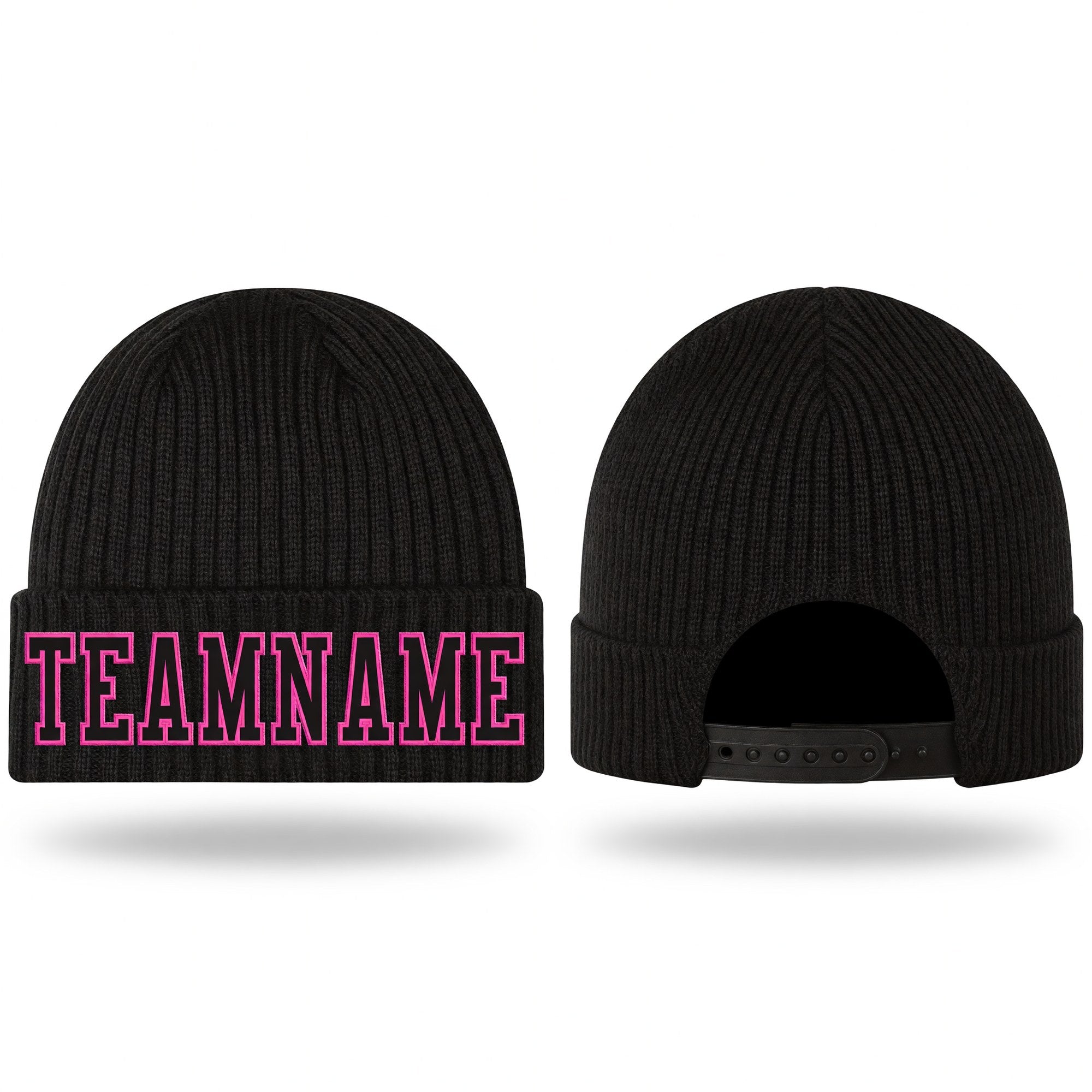 Custom Black Black-Pink Stitched Cuffed Knit Hat