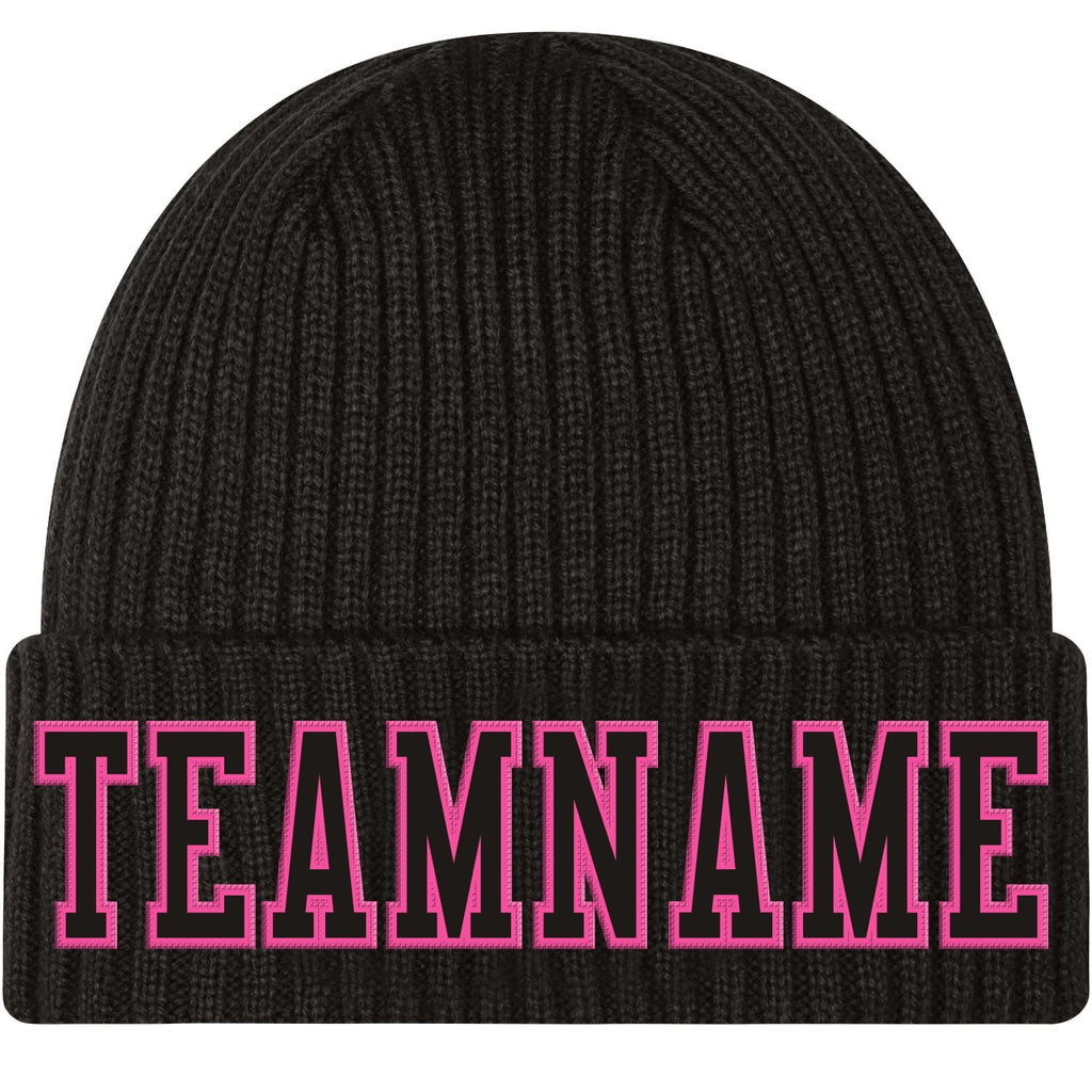 Custom Black Black-Pink Stitched Cuffed Knit Hat photo 1