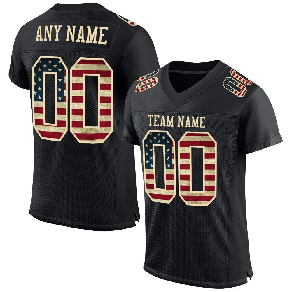 Custom Black Vintage USA Flag-Cream Mesh Authentic Football Jersey photo 1
