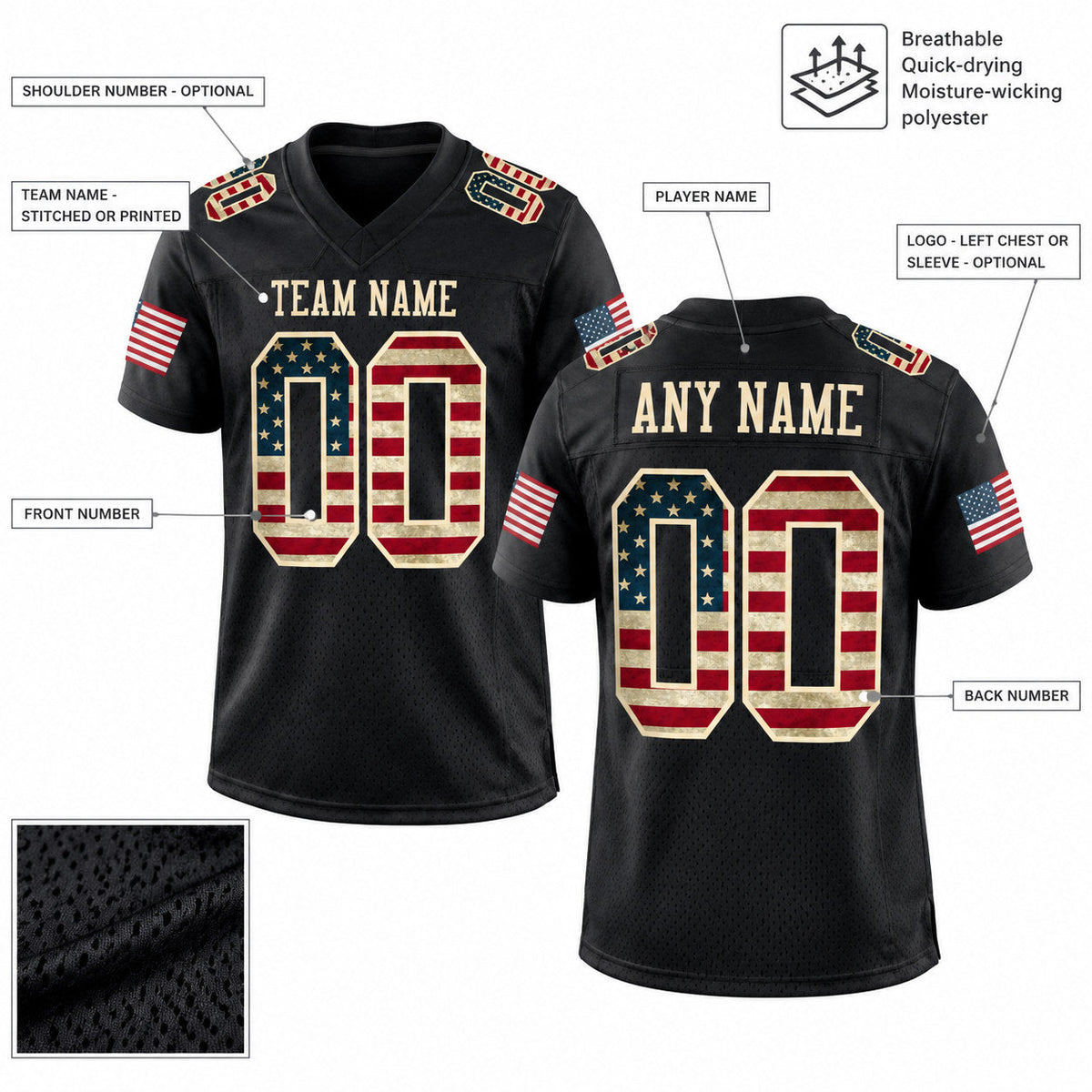 Custom Black Vintage USA Flag Mesh Authentic Football Jersey with Cream Lettering Design 1094 customization guide