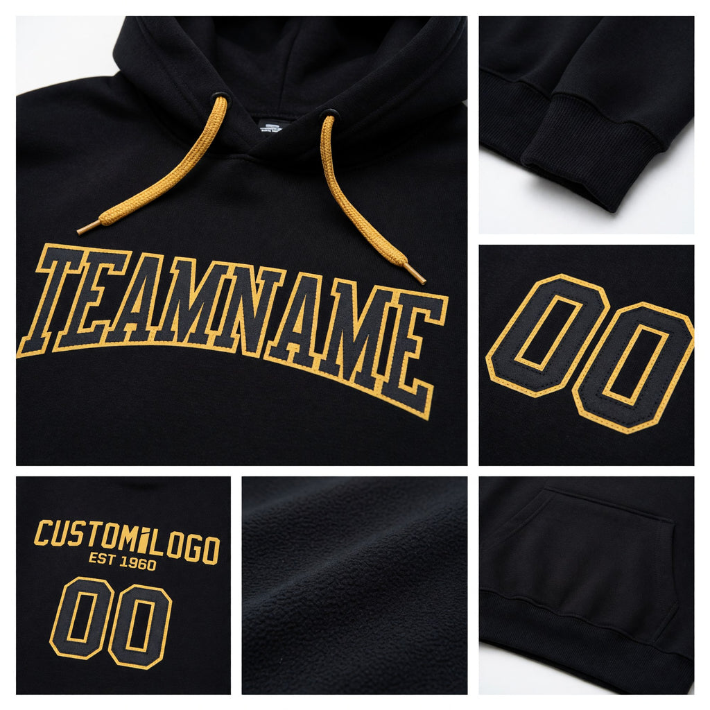 Custom Stitched Black Black-Old Gold Football Pullover Sweatshirt Hoodie detail
