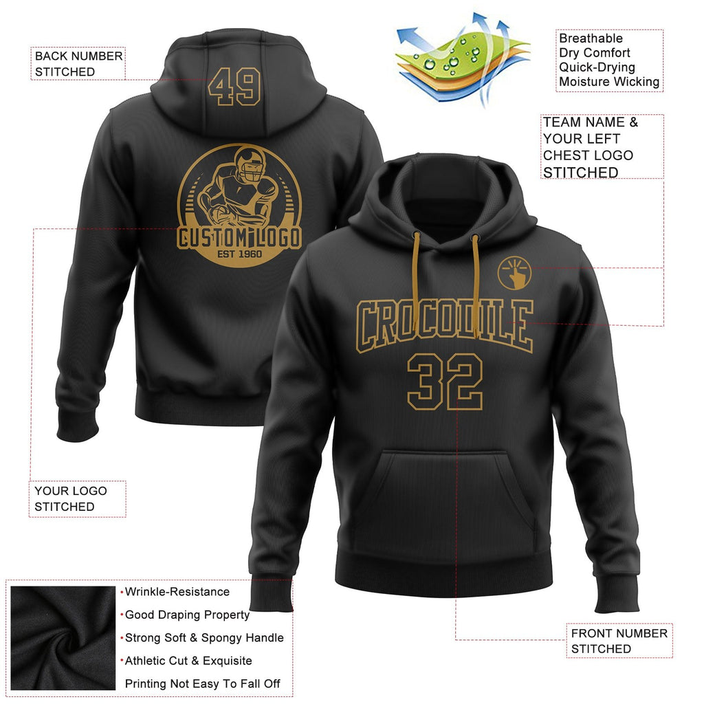 Custom Stitched Black Black-Old Gold Football Pullover Sweatshirt Hoodie photo 3