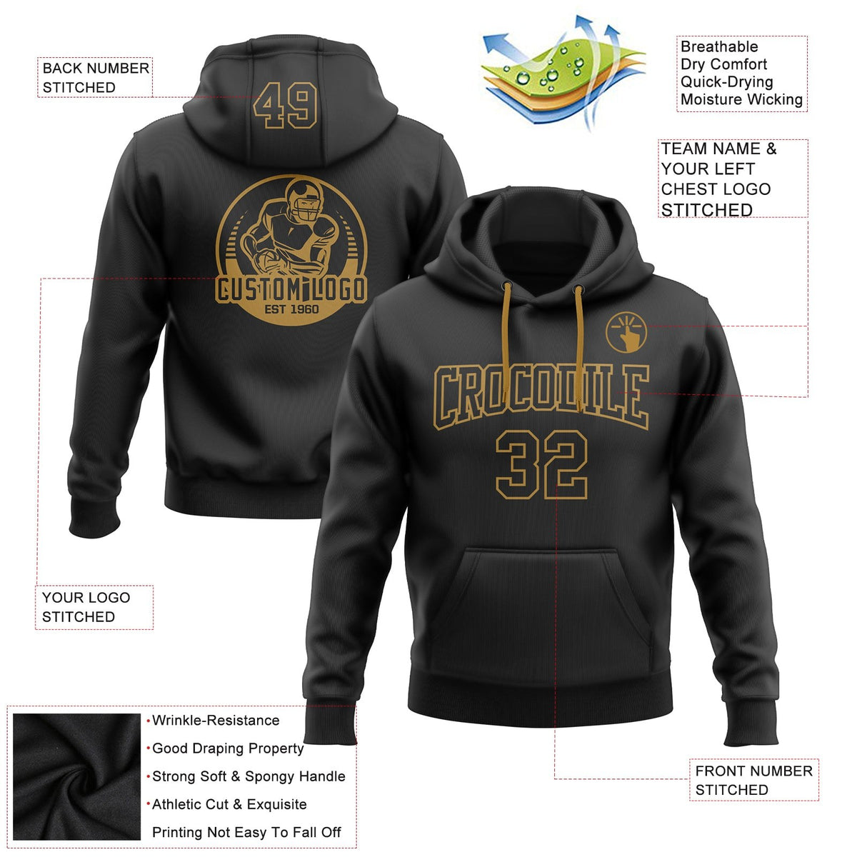Custom Stitched Black Black-Old Gold Football Pullover Sweatshirt Hoodie photo 3