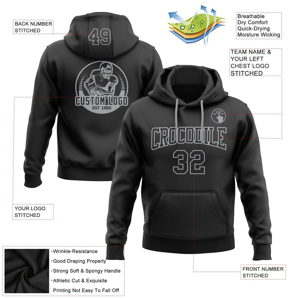 Custom Stitched Black Black-Gray Football Pullover Sweatshirt Hoodie photo 2