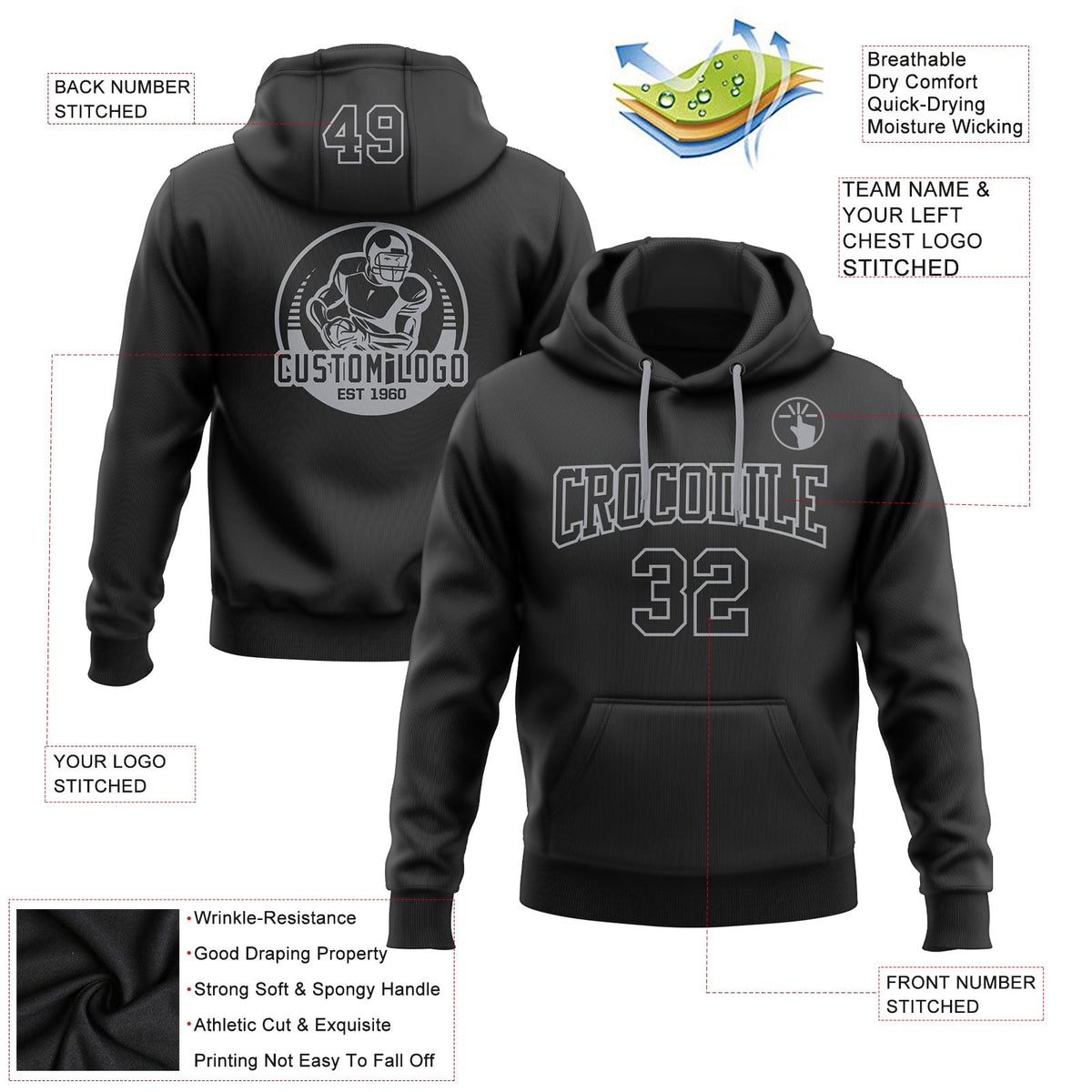 Custom Stitched Black Black-Gray Football Pullover Sweatshirt Hoodie photo 2