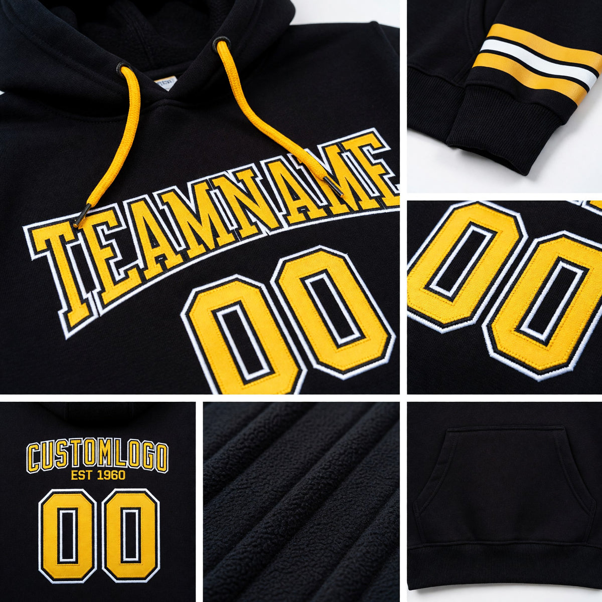 Custom Stitched Black Gold-White Football Pullover Sweatshirt Hoodie detail