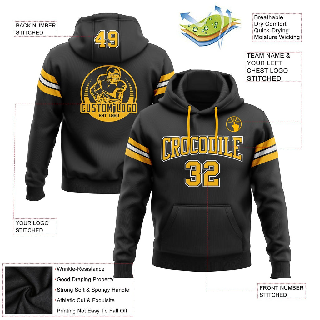 Custom Stitched Black Gold-White Football Pullover Sweatshirt Hoodie photo 2