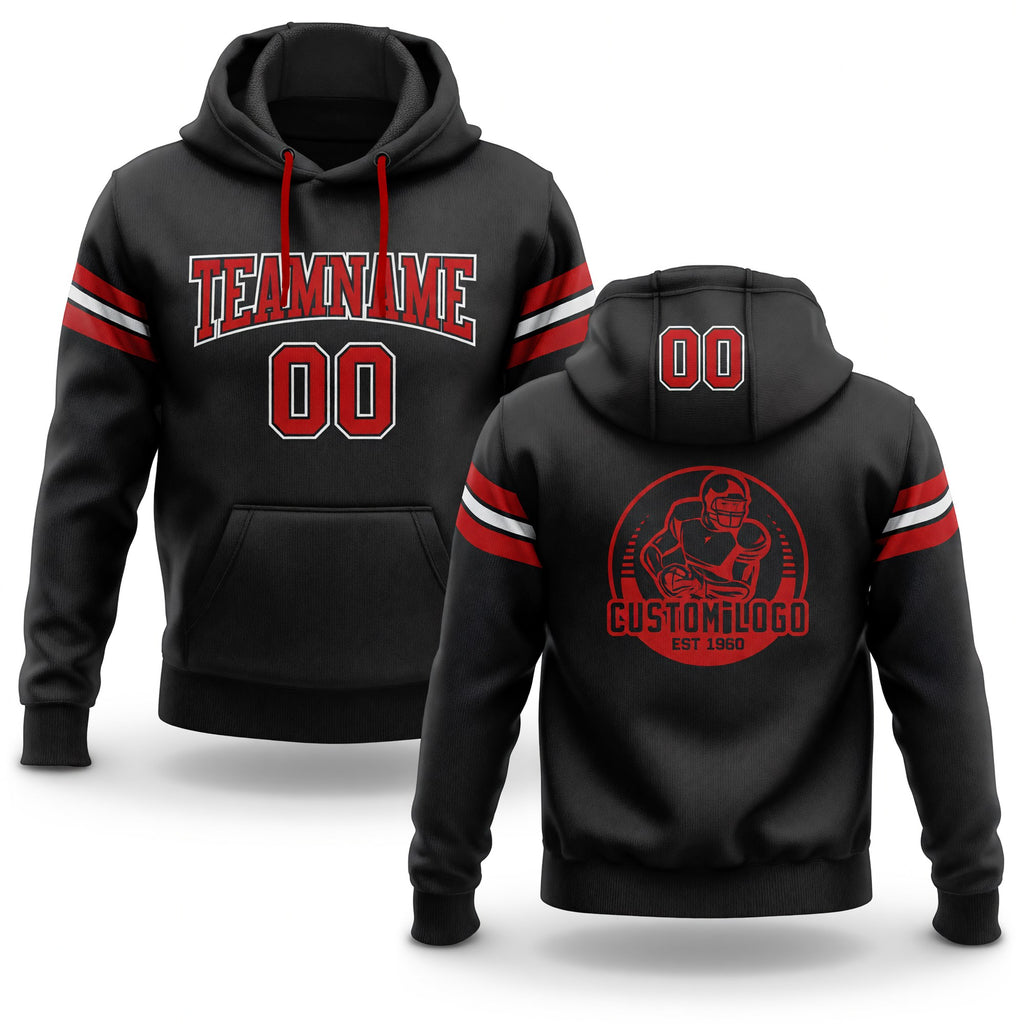 Custom Stitched Black Red-White Football Pullover Sweatshirt Hoodie