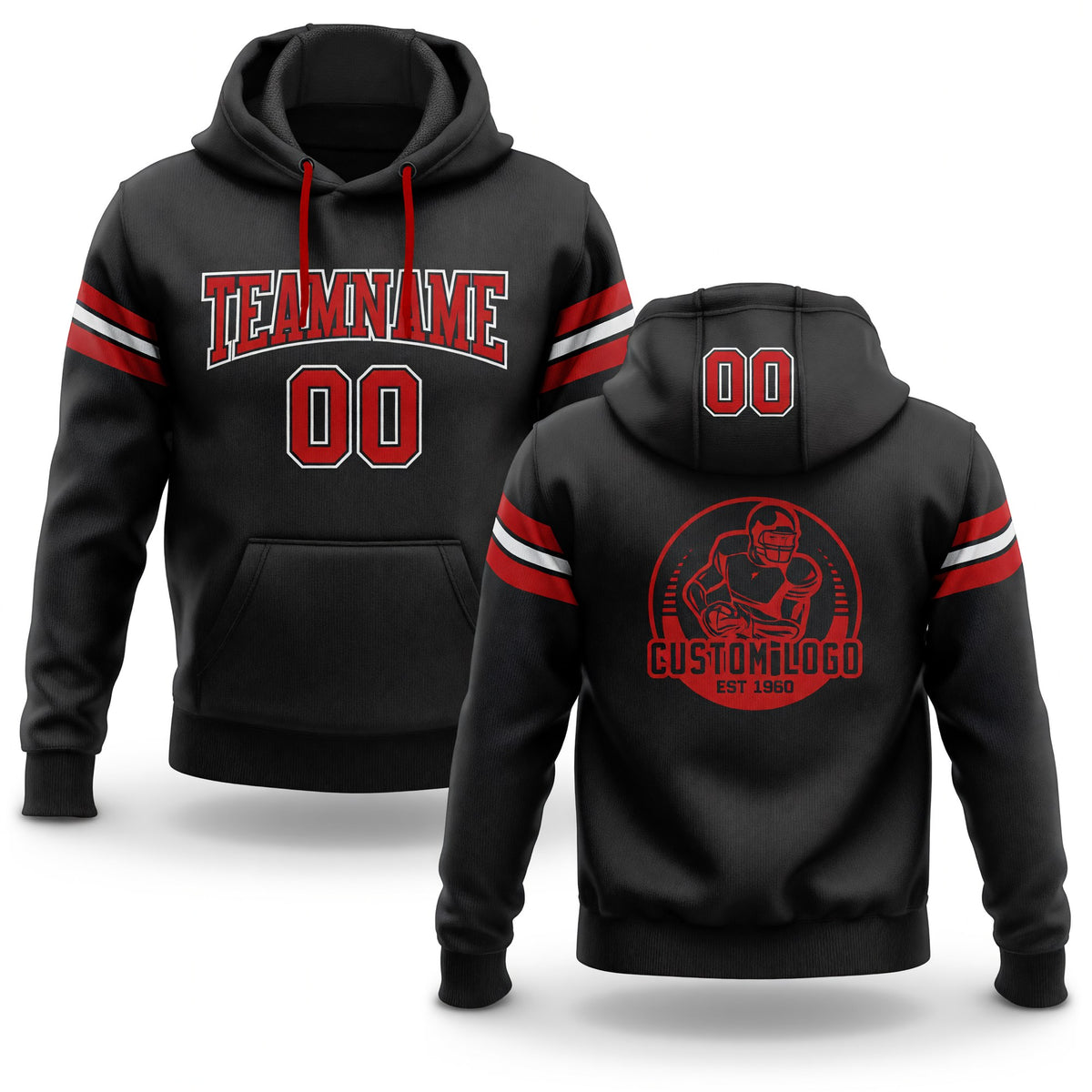 Custom Stitched Black Red-White Football Pullover Sweatshirt Hoodie