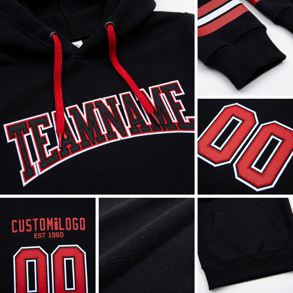 Custom Stitched Black Red-White Football Pullover Sweatshirt Hoodie detail
