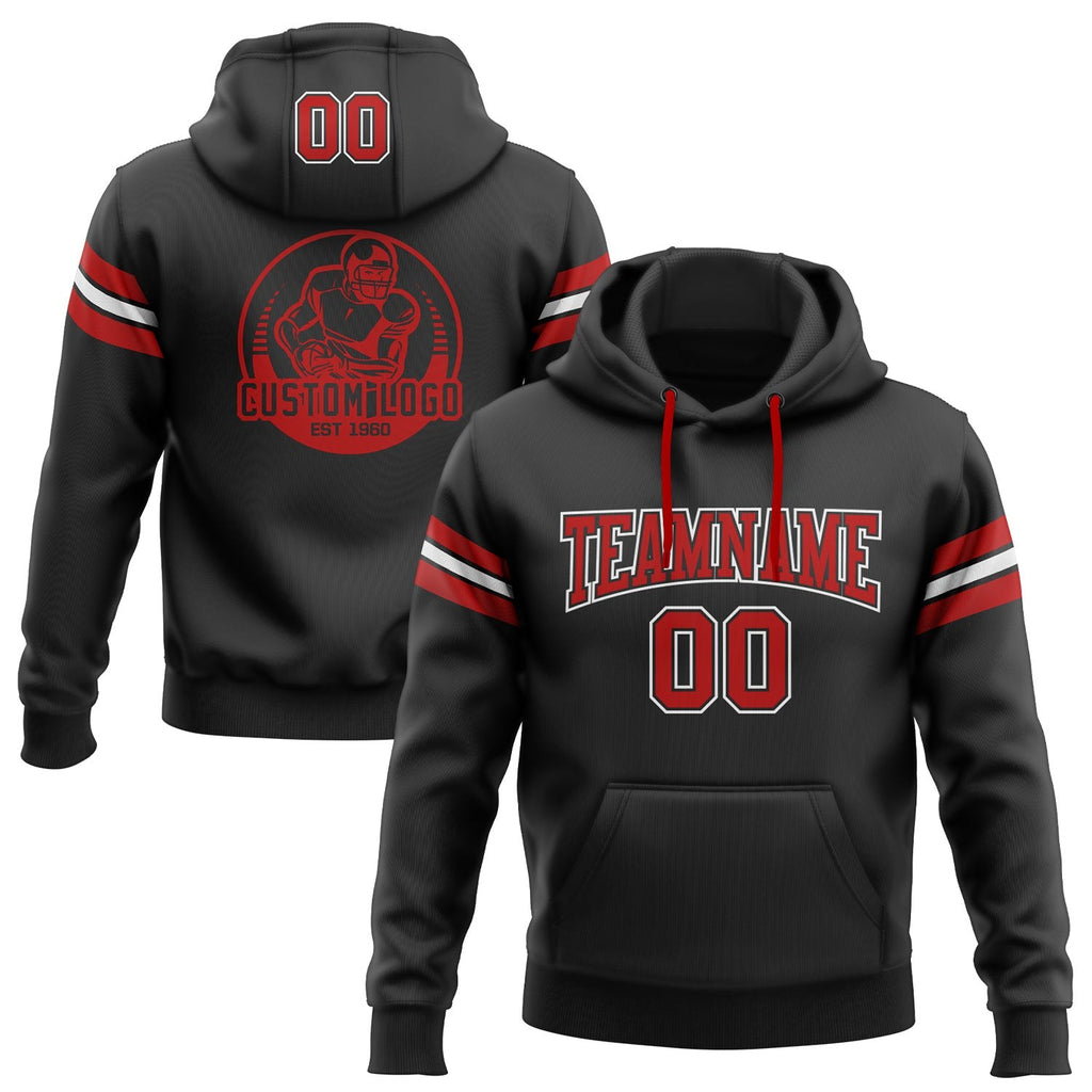 Custom Stitched Black Red-White Football Pullover Sweatshirt Hoodie photo 1