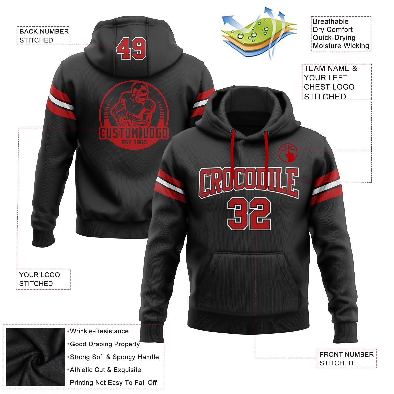 Custom Stitched Black Red-White Football Pullover Sweatshirt Hoodie photo 2
