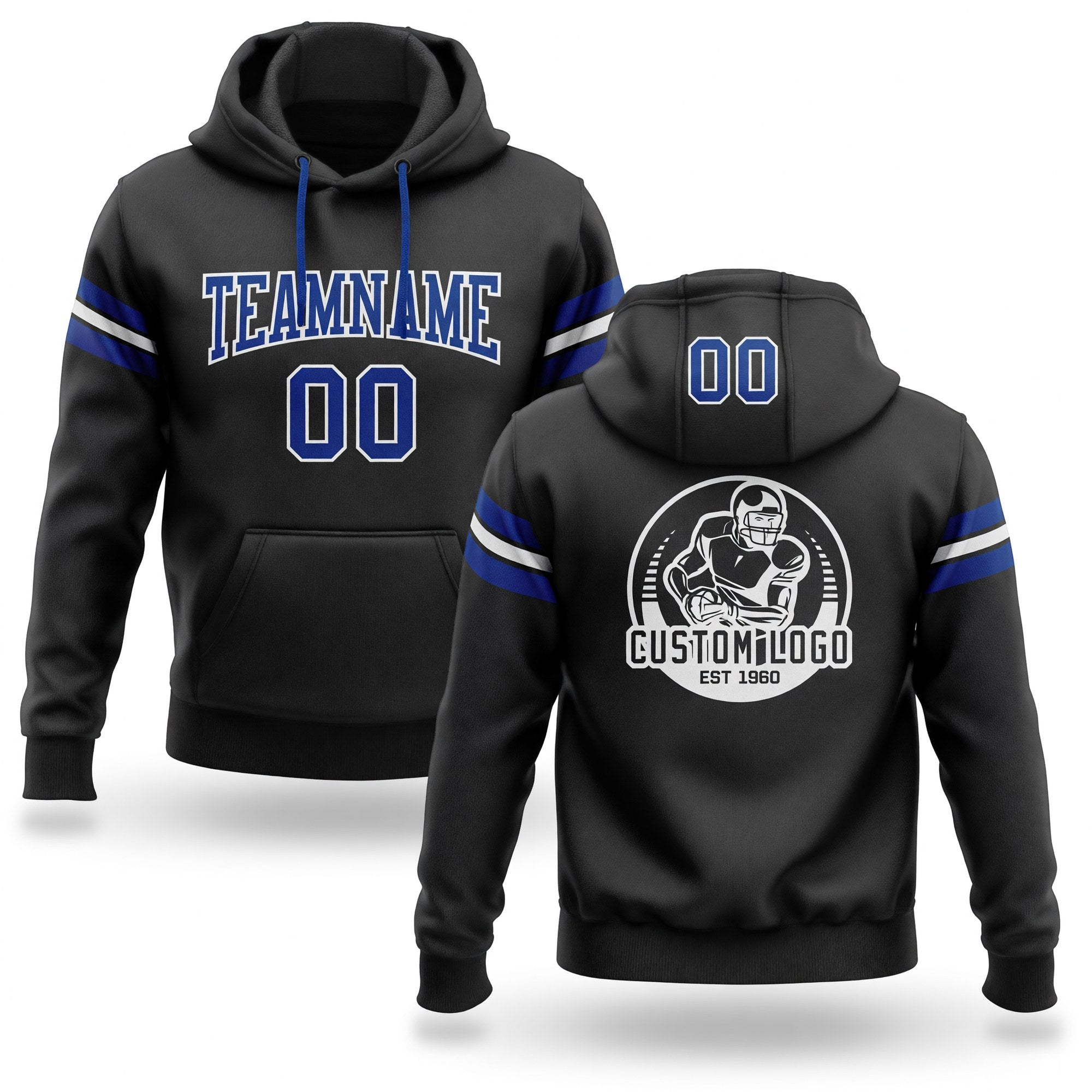 Custom Stitched Black Royal-White Football Pullover Sweatshirt Hoodie