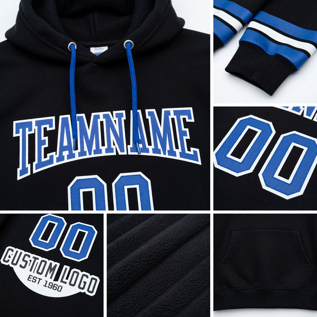 Custom Stitched Black Royal-White Football Pullover Sweatshirt Hoodie detail