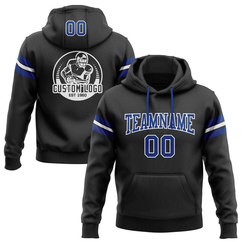 Custom Stitched Black Royal-White Football Pullover Sweatshirt Hoodie photo 1