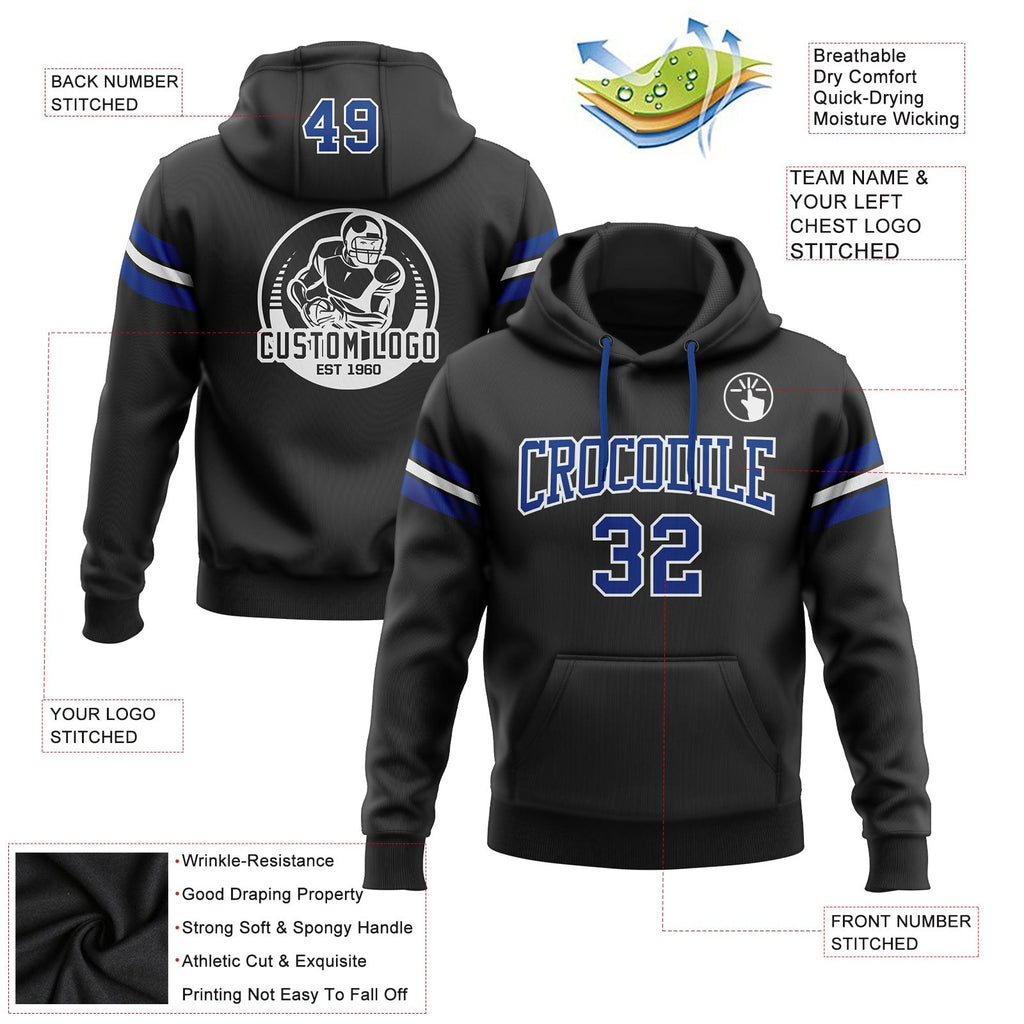 Custom Stitched Black Royal-White Football Pullover Sweatshirt Hoodie photo 2