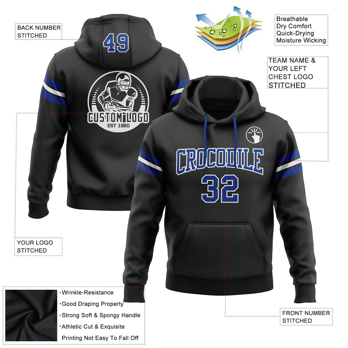 Custom Stitched Black Royal-White Football Pullover Sweatshirt Hoodie photo 2