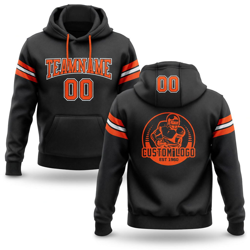 Custom Stitched Black Orange-White Football Pullover Sweatshirt Hoodie