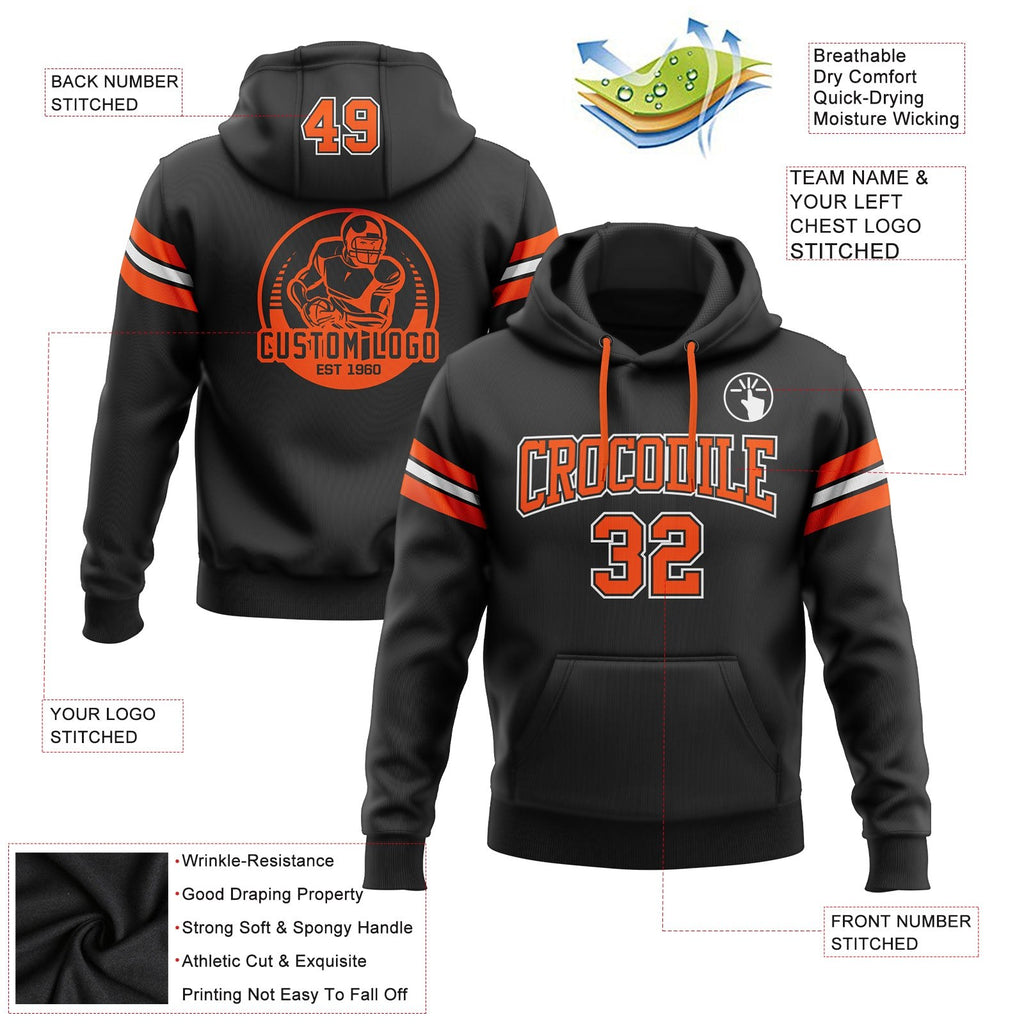 Custom Stitched Black Orange-White Football Pullover Sweatshirt Hoodie photo 2