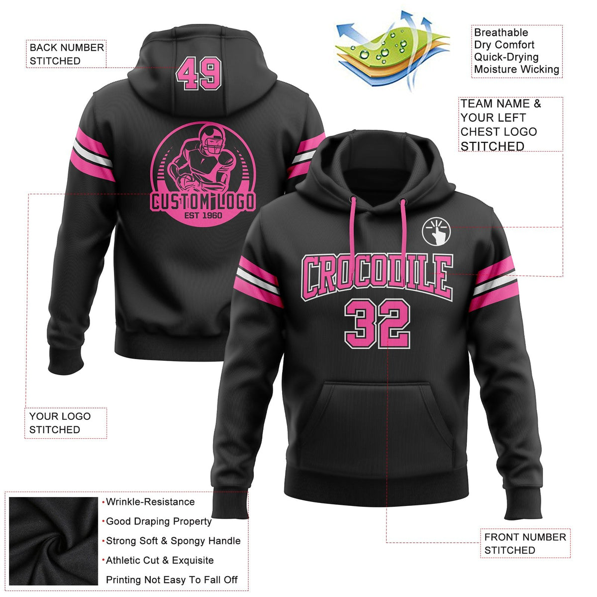 Custom Stitched Black Pink-White Football Pullover Sweatshirt Hoodie photo 2