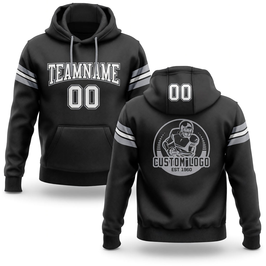 Custom Stitched Black White-Gray Football Pullover Sweatshirt Hoodie
